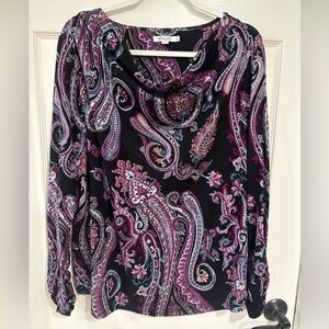 Chico's SZ 3 Women's XL Long Sleeve Pullover Boho Top Black Multi Paisley